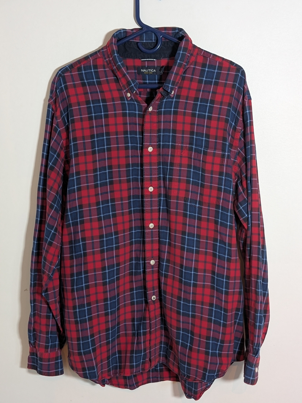 Nautica Men’s Red & Navy Plaid Button-Down Shirt